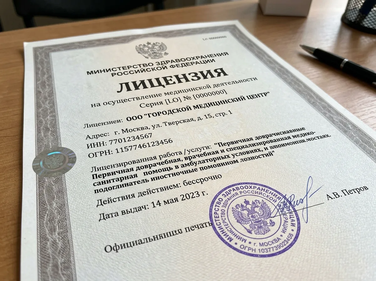 Лицензия Министерства здравоохранения РФ на осуществление медицинской деятельности, официальный бланк с печатями, крупный план