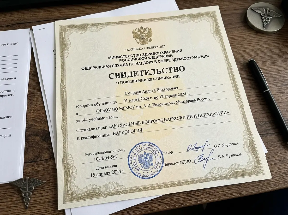 Свидетельство о повышении квалификации нарколога, документ Росздравнадзора, официальный медицинский бланк