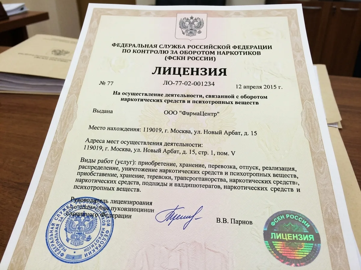 Лицензия на работу с наркотическими и психотропными веществами, официальный документ ФСКН России с голографической наклейкой